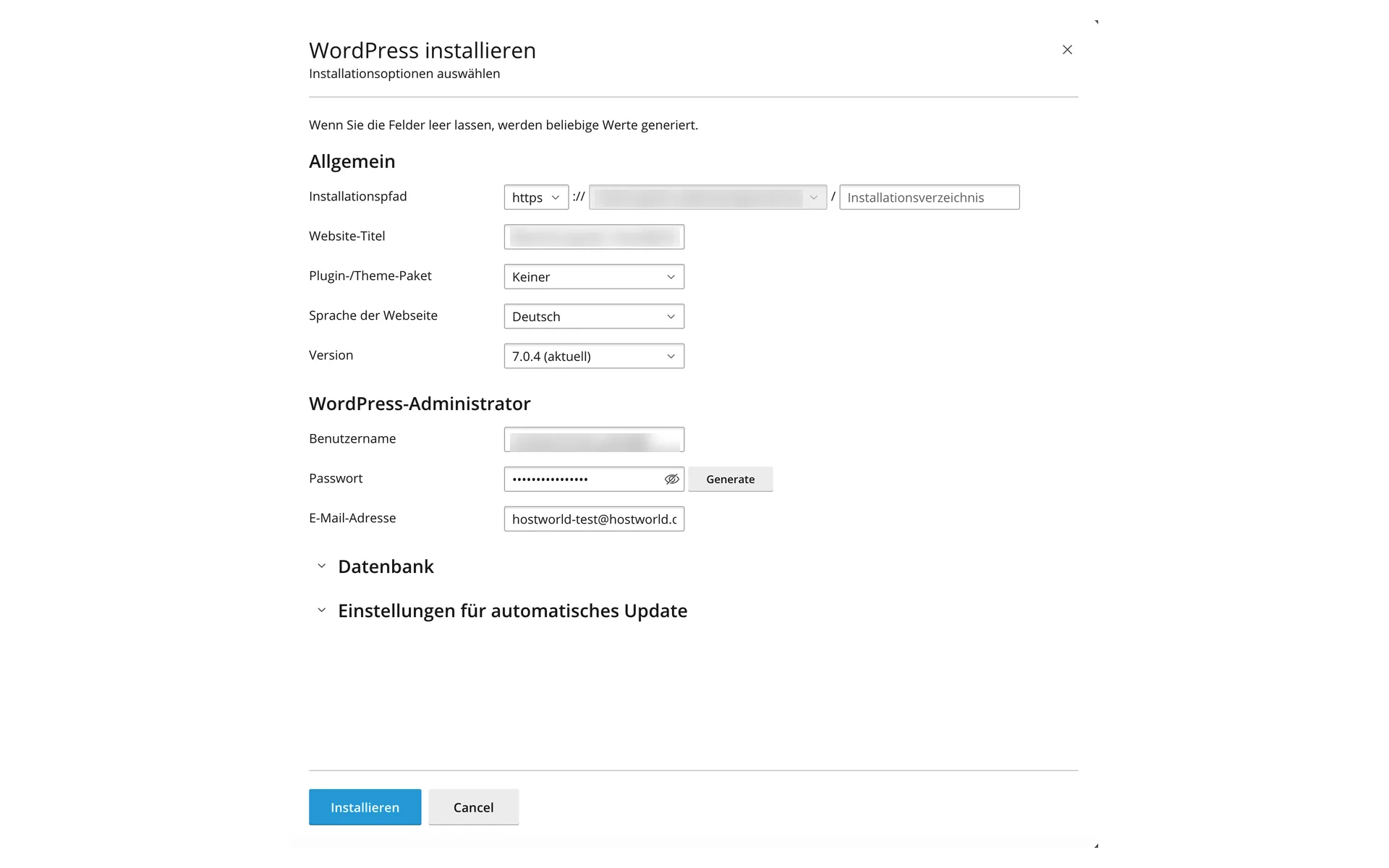 “WordPress installieren” (install WordPress) dialog with installation path, website title, plugin and theme set, language, version, and the fields for the WordPress administrator