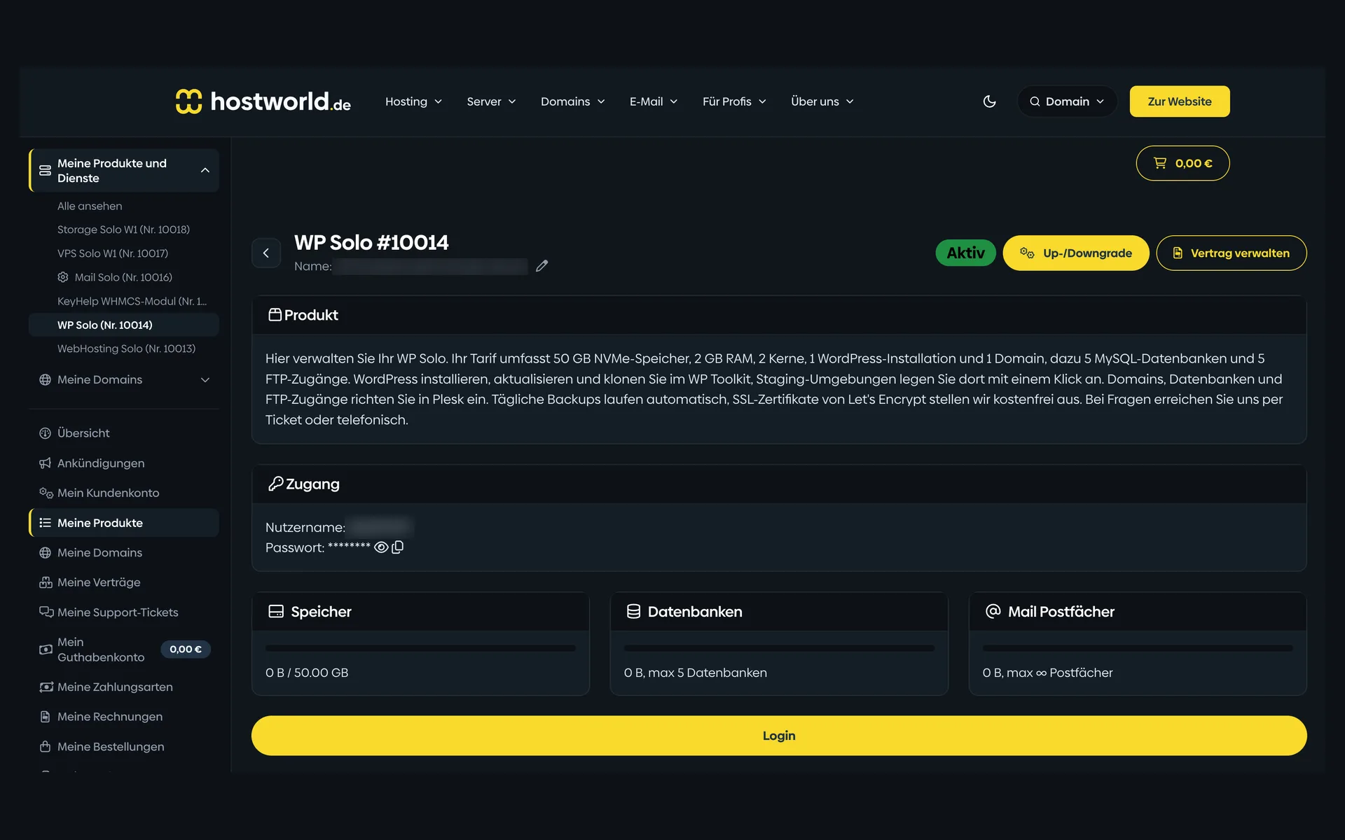 Product page of a WordPress plan in the Customer Menu with the plan description, login details, storage, database, and mailbox counters, and the “Login” button