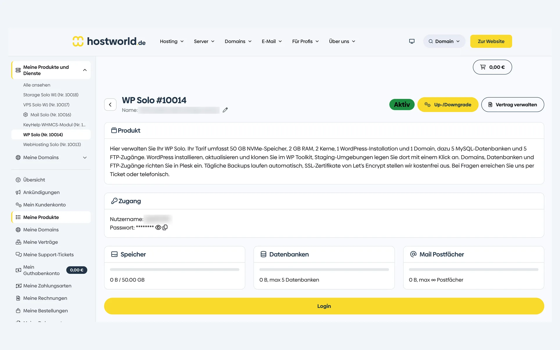 Product page of a WordPress plan in the Customer Menu with the plan description, login details, storage, database, and mailbox counters, and the “Login” button