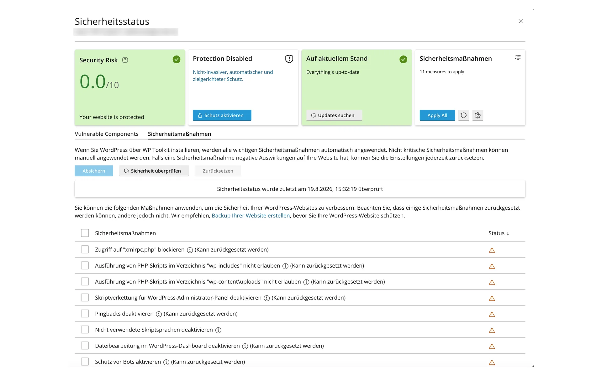 “Sicherheitsstatus” (security status) dialog with the risk rating 0,0 of 10, the note about eleven applicable measures, and the list of the individual security measures