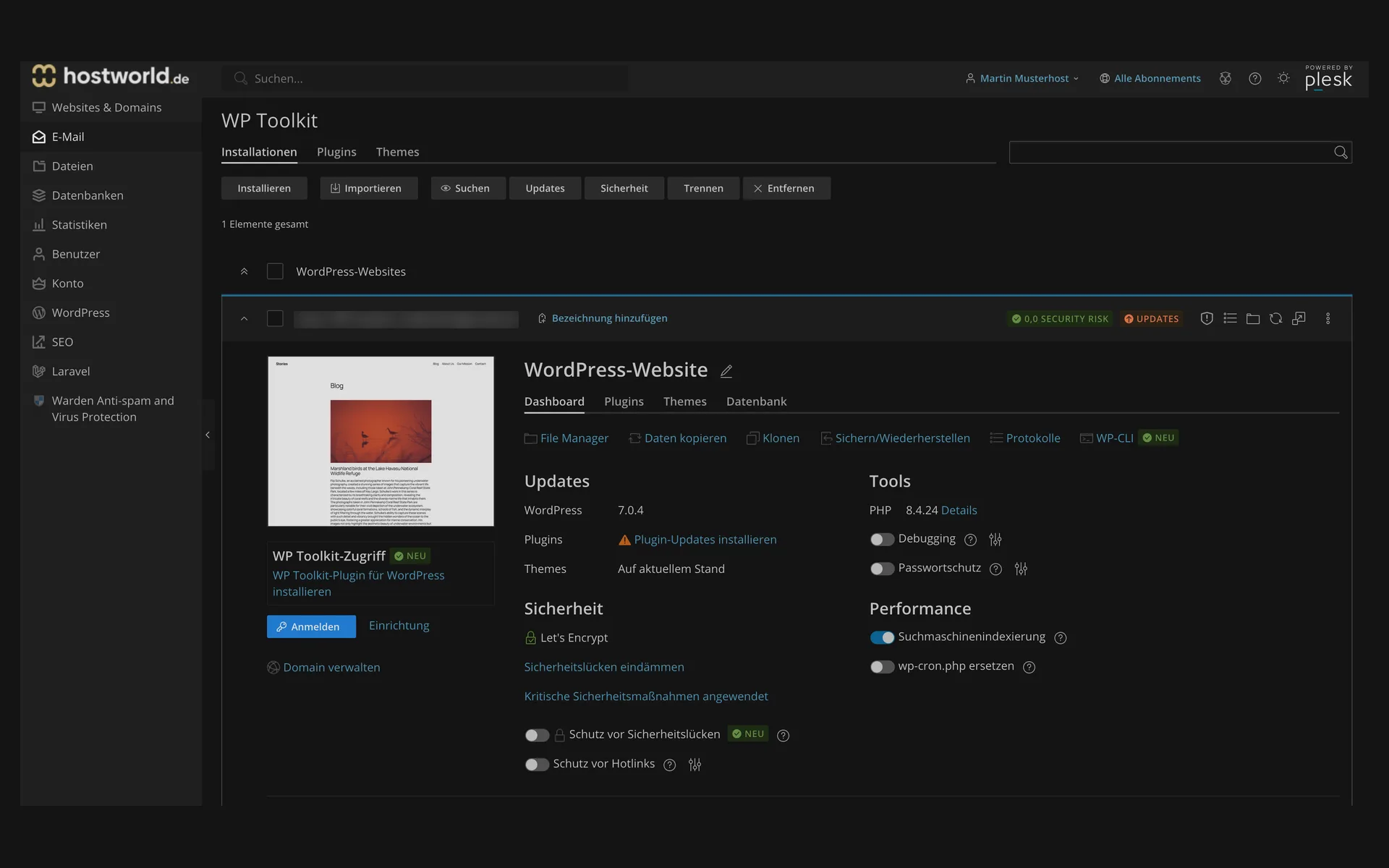 WP Toolkit with an installed WordPress website, updates, security status, the tools for cloning, backing up and restoring, and WP-CLI, plus the switches for search engine indexing and password protection