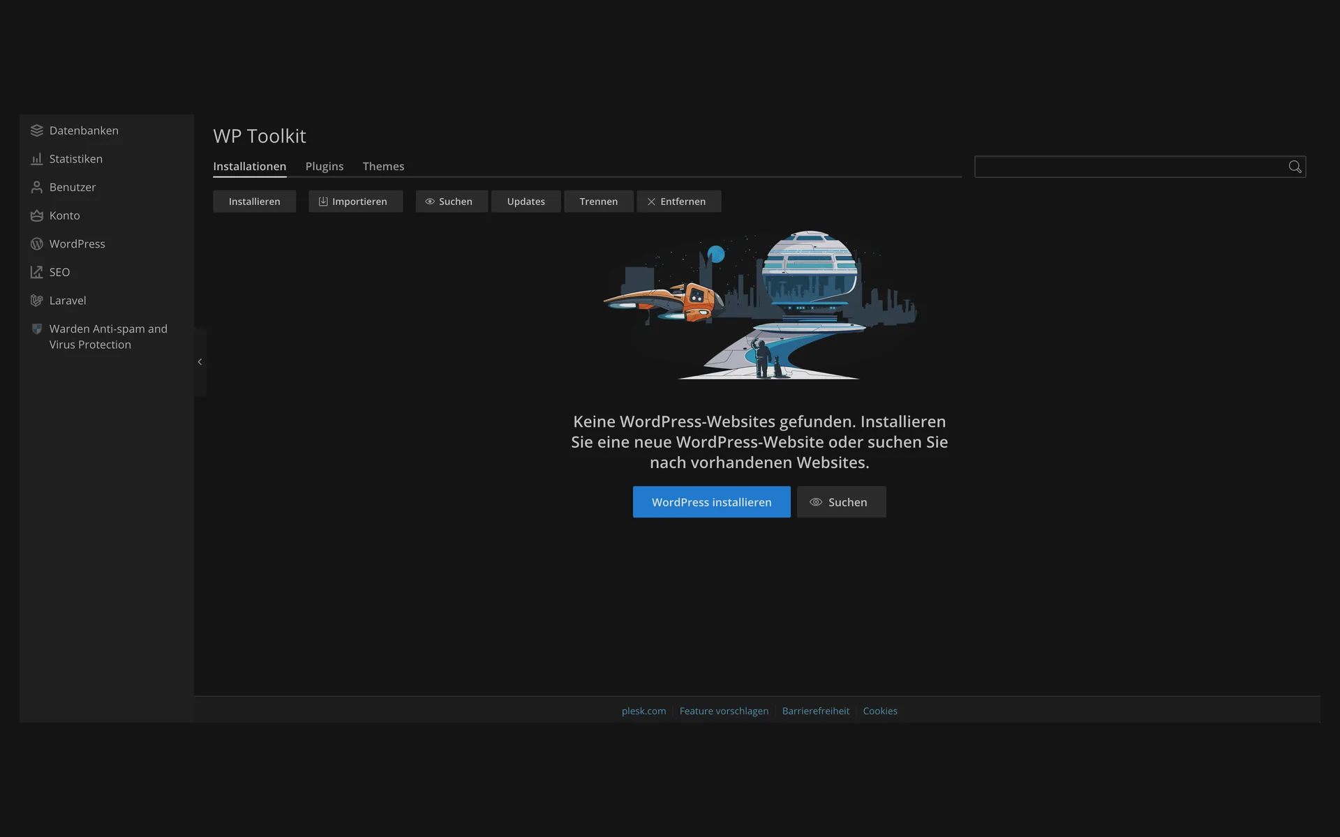 WP Toolkit without an installation, with the message “Keine WordPress-Websites gefunden” (no WordPress websites found) and the buttons “WordPress installieren” (install WordPress) and “Suchen” (search)
