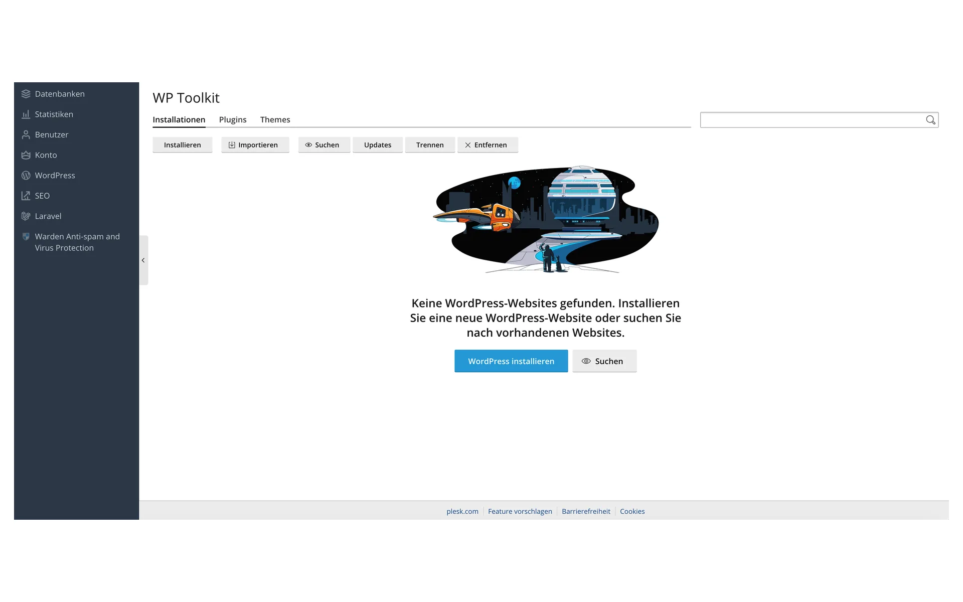 WP Toolkit without an installation, with the message “Keine WordPress-Websites gefunden” (no WordPress websites found) and the buttons “WordPress installieren” (install WordPress) and “Suchen” (search)